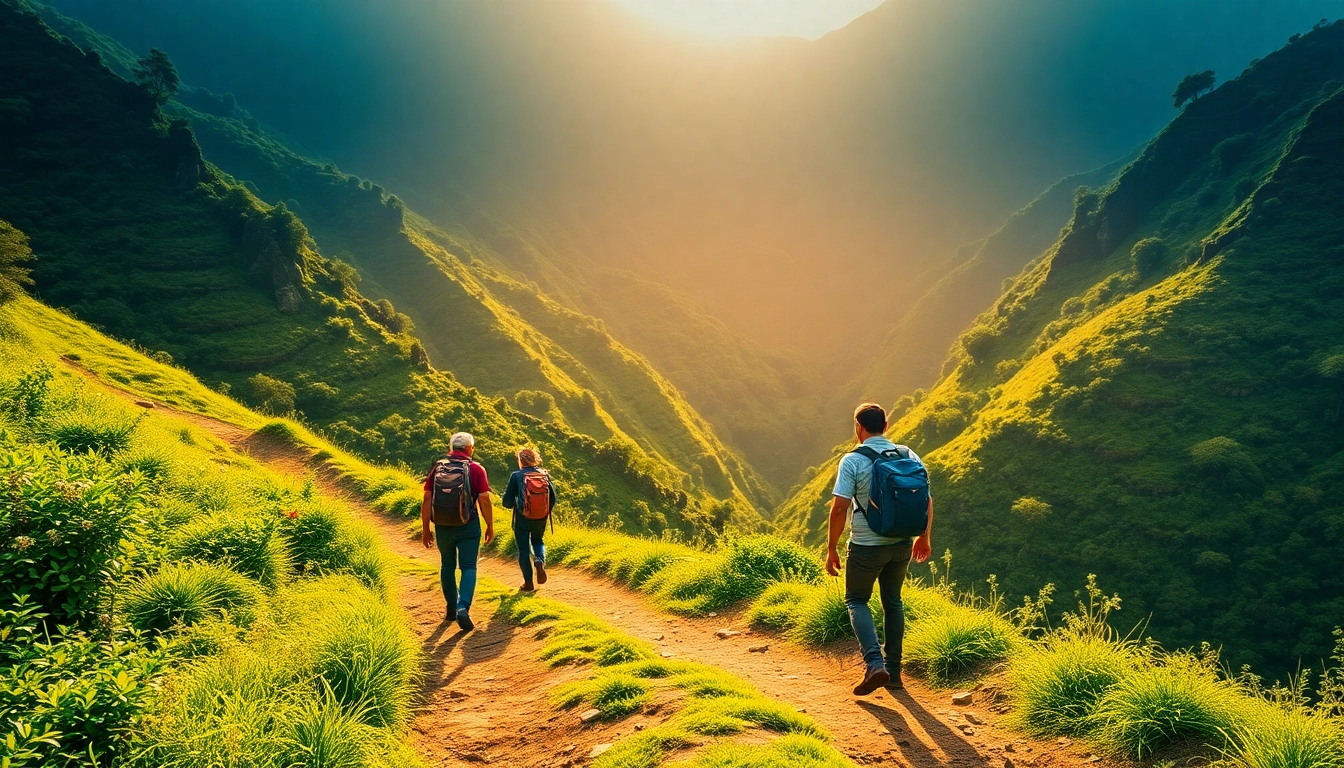 Hiking activity in Indonesia's natural landscape with hikers on a trail amidst green mountains, showcasing adventure and outdoor enjoyment.