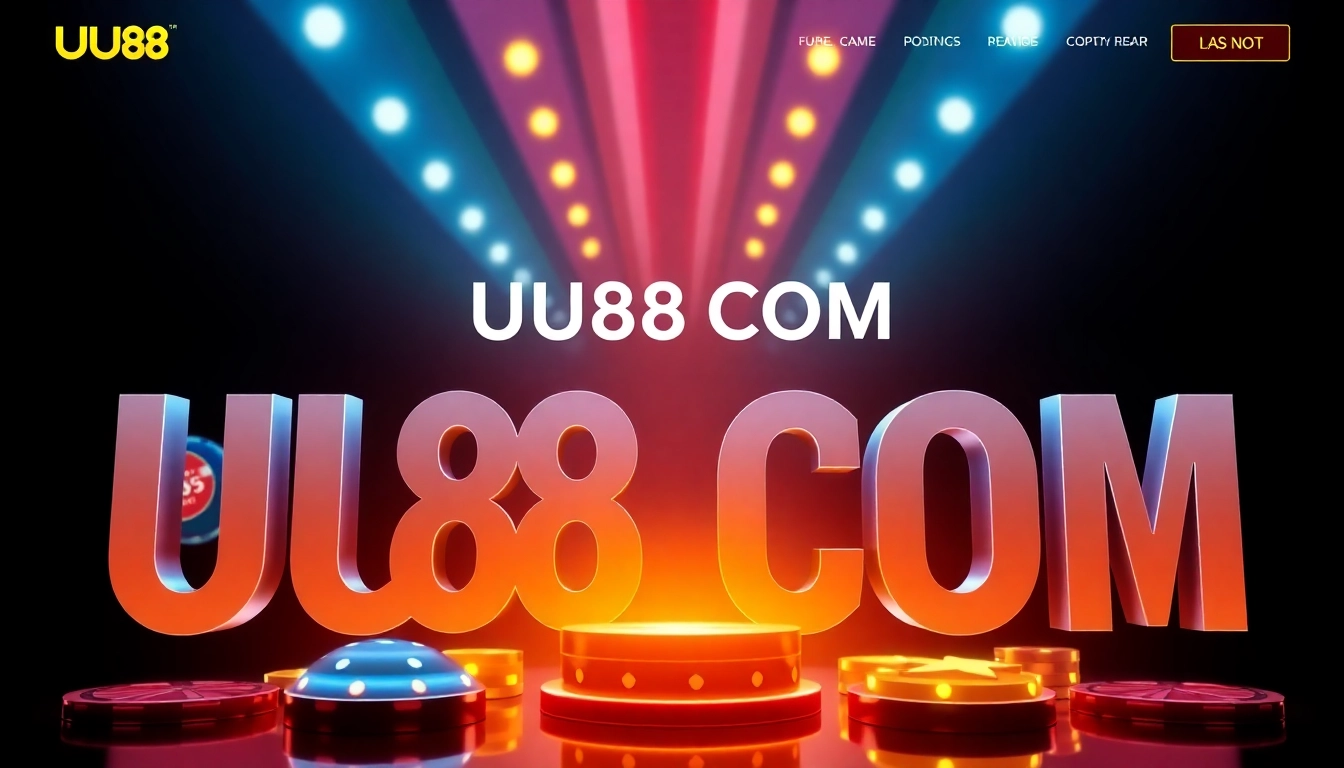 Visually engaging banner for UU88 COM showcasing casino elements, fast access icons, and a secure online gaming environment for users seeking trusted gambling platforms.