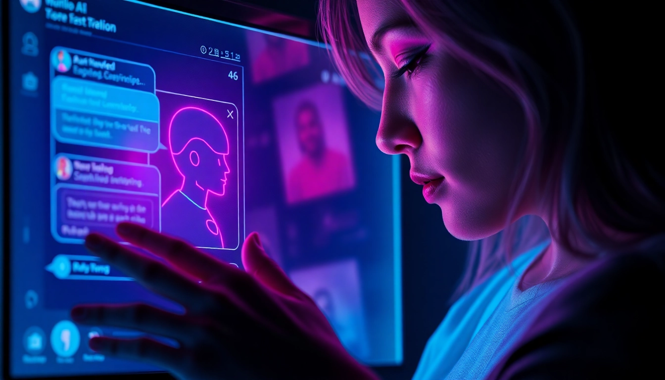 Close-up of a futuristic AI chat interface on a digital screen in a dark setting, glowing with neon colors.