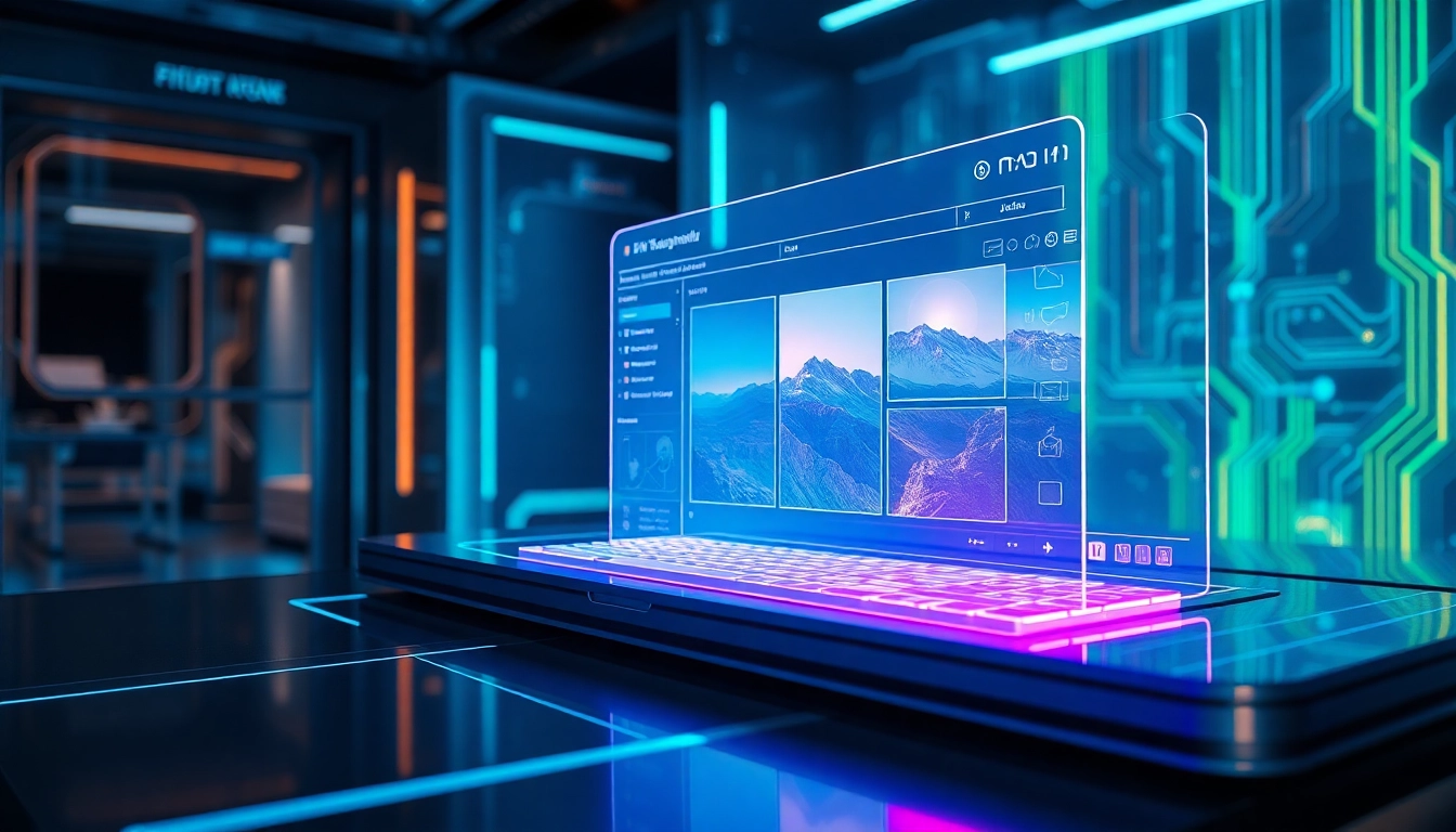 Futuristic AI workspace with holographic image editing interface and glowing data streams.