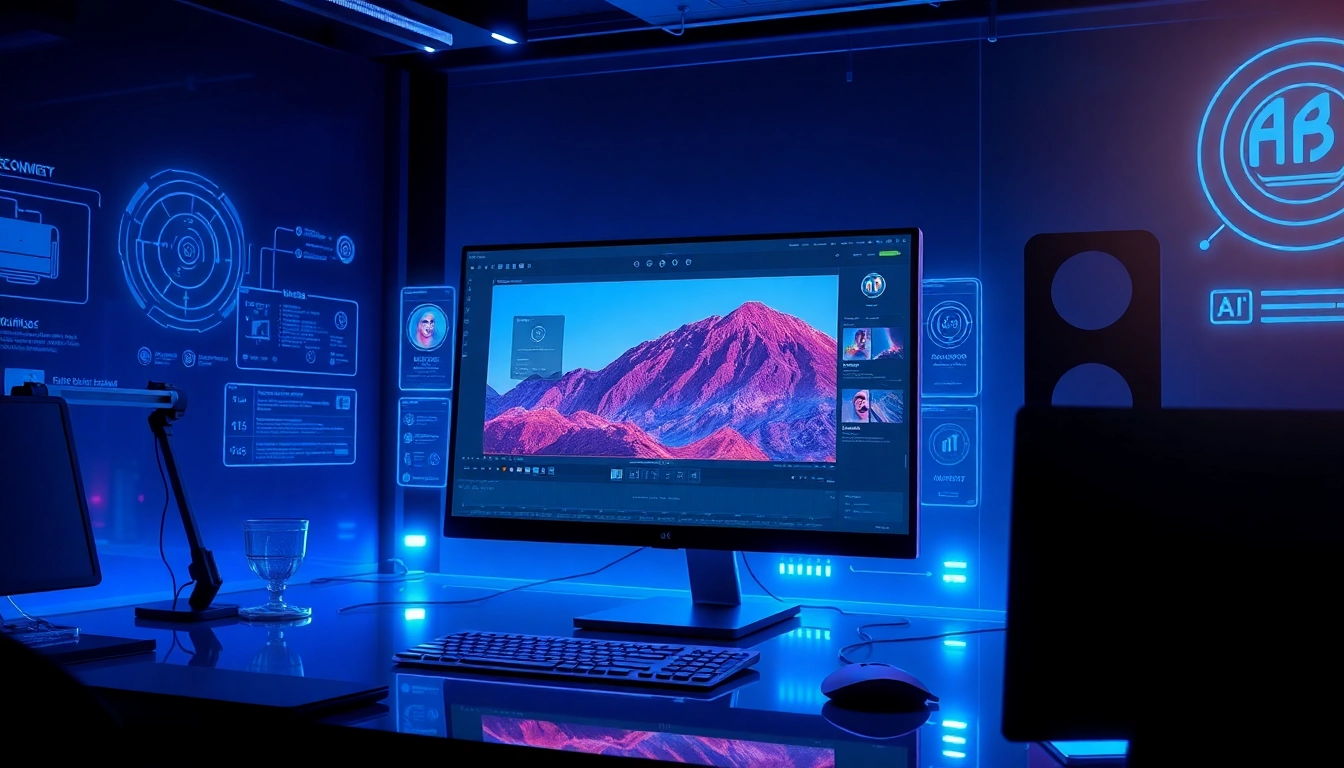 A futuristic workspace with holographic screens demonstrating advanced AI image editing by Nano Banana AI.