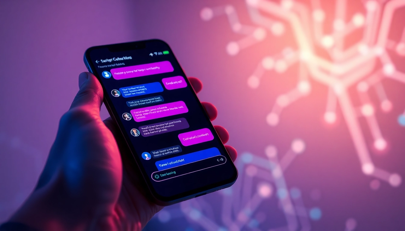 An illustration of a smartphone screen displaying a colorful AI chat interface with glowing digital patterns in the background.