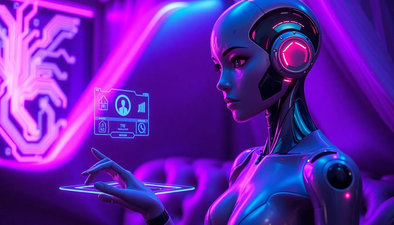 Futuristic AI character engaging in a seductive digital environment with neon lighting and holographic interfaces.