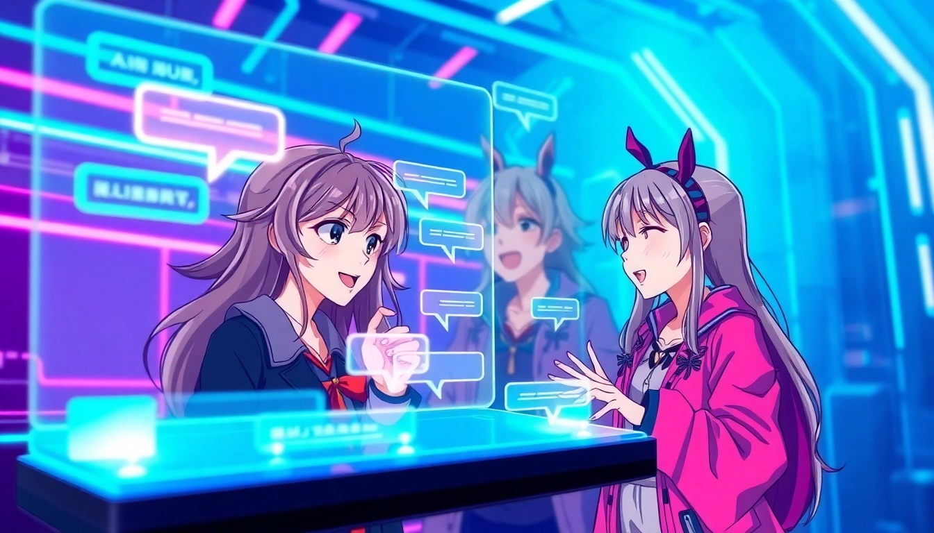 Anime-inspired characters engaging in a lively digital chat with neon-lit background.