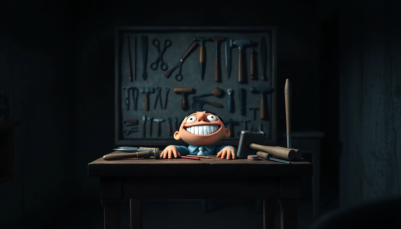 A disturbing scene of Harvey with a fearful expression, surrounded by violent tools in a dark, gritty room.