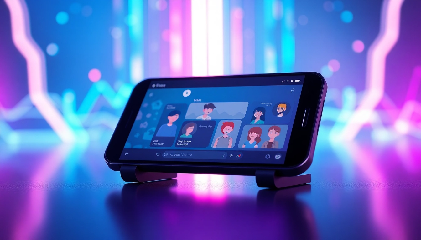 Futuristic digital chat interface with AI characters on a modern device screen, glowing data streams, and vibrant colors.