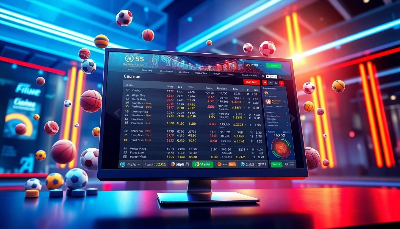Digital illustration of an online sportsbook and casino platform with sports icons and betting odds on a modern screen