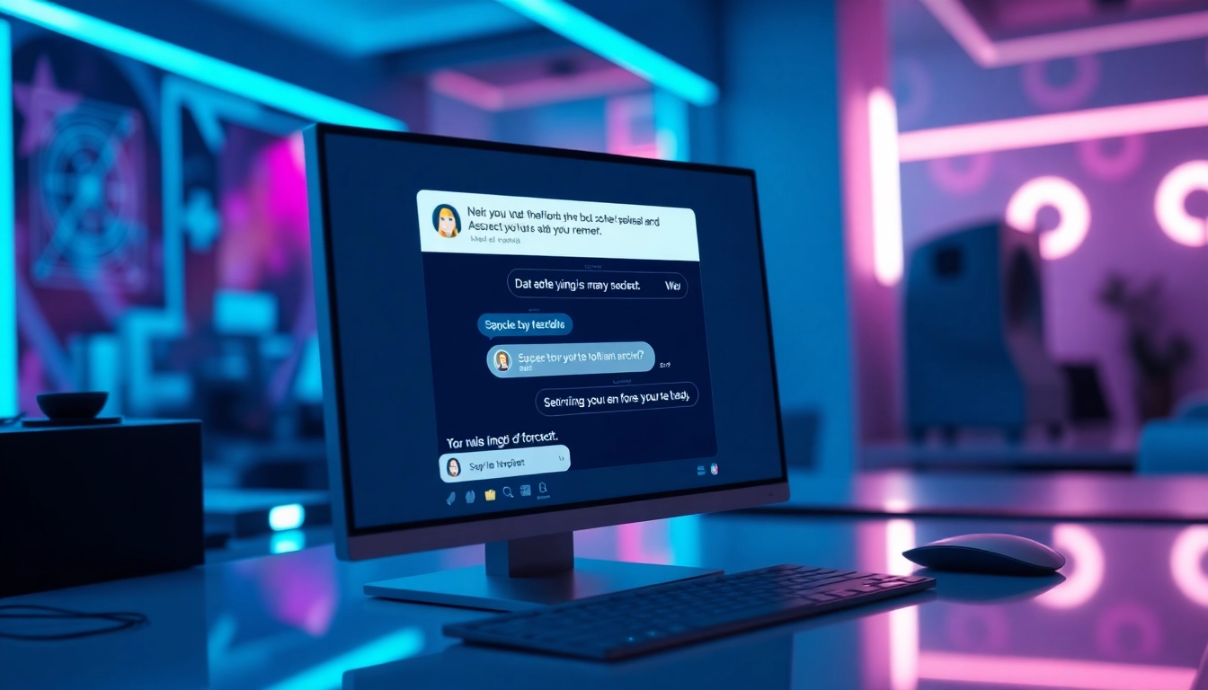 A modern workspace with a digital screen showing AI chatbot conversations, featuring suggestive chat bubbles with neon accents.