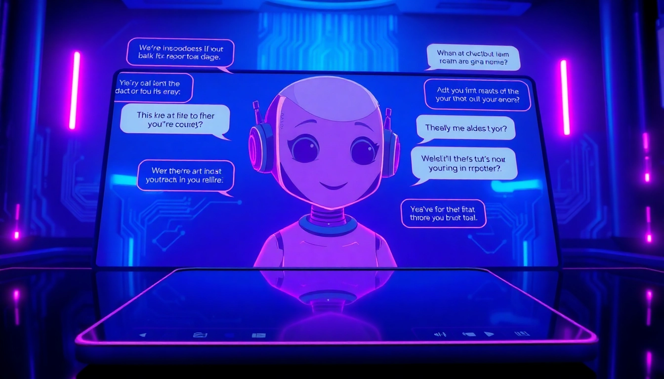 Digital illustration of a modern AI chatbot interface with a friendly AI character and suggestive conversation bubbles.