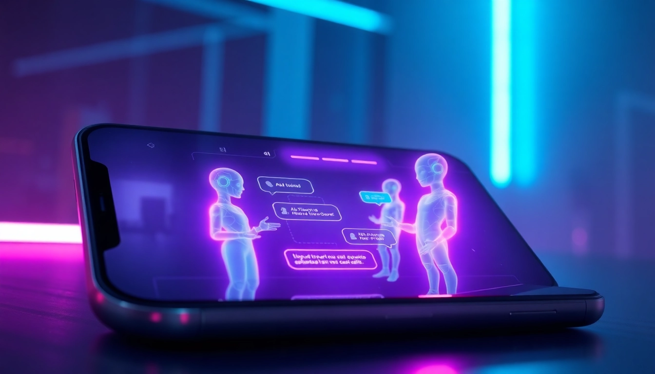 An illustration of futuristic chat interfaces with holographic AI characters engaging in conversation, set in a modern tech environment with neon accents.