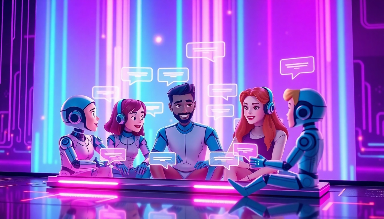 Digital illustration of AI characters in a colorful, futuristic chat environment with holographic speech bubbles and neon lighting