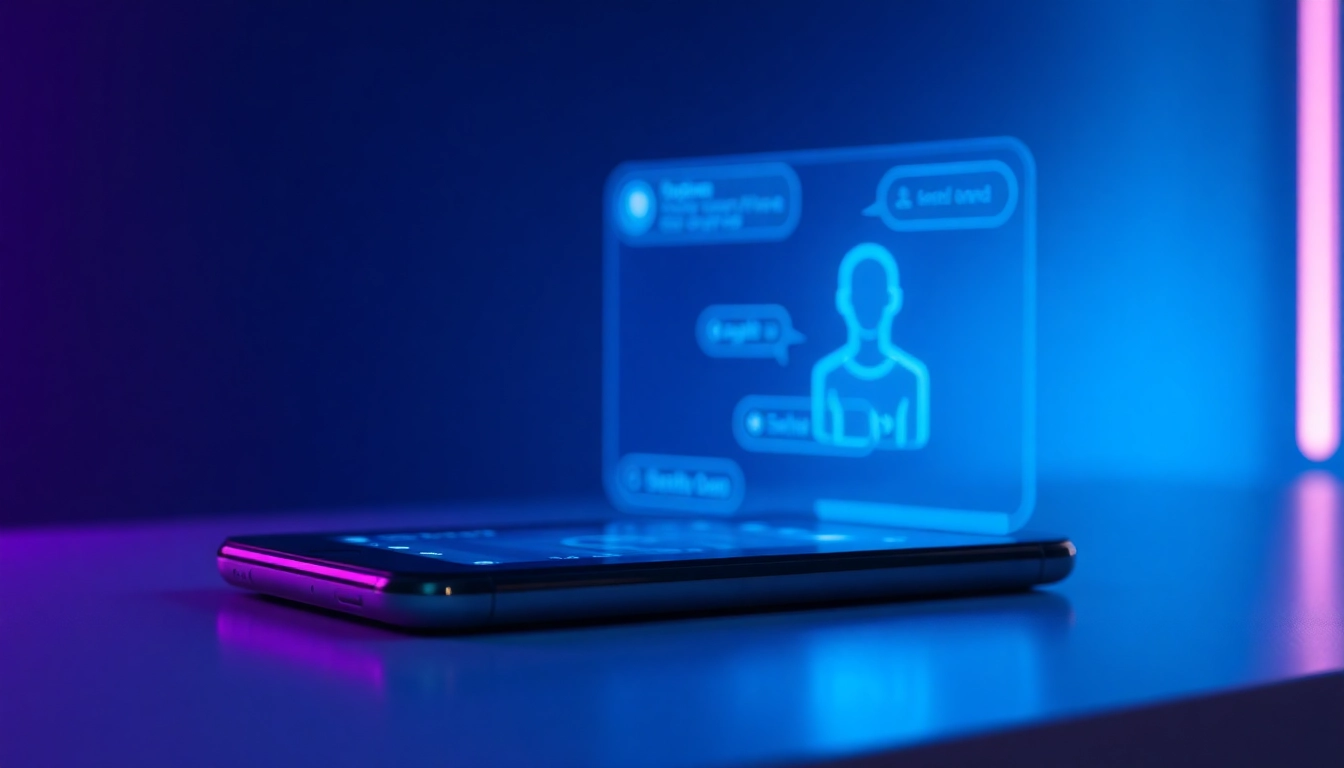 Futuristic digital chat interface with an AI character hologram on a sleek screen