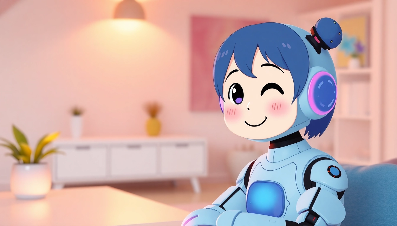 Engaging AI girlfriend chat interface with a friendly anime character providing supportive companionship in a soothing digital environment.