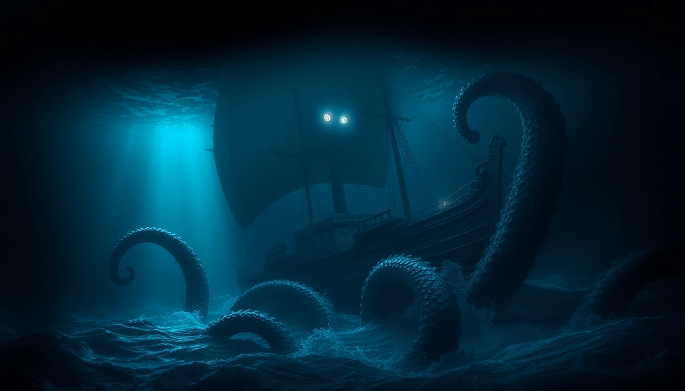 Majestic kraken emerges from ocean depths with glowing eyes wrapping around a ship in dark blue