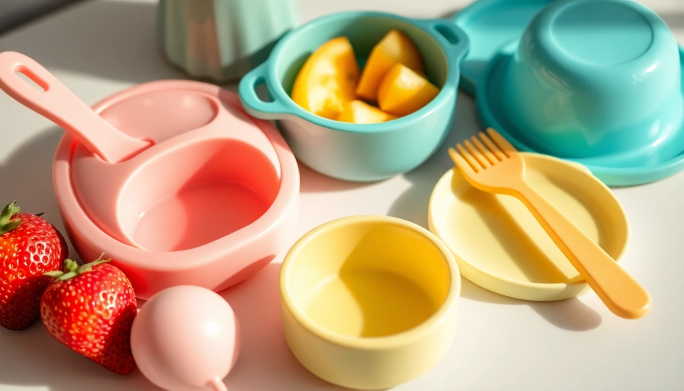 Bright and colorful safe silicone baby tableware arranged with fruits and utensils for healthy