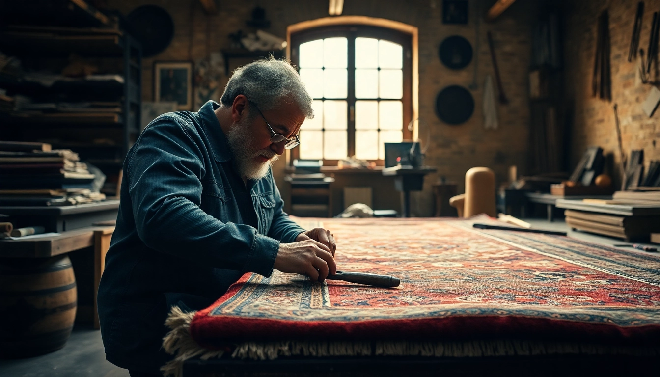 Expert restores a damaged tapestry emphasizing Restauro Tappeti milano craftsmanship and