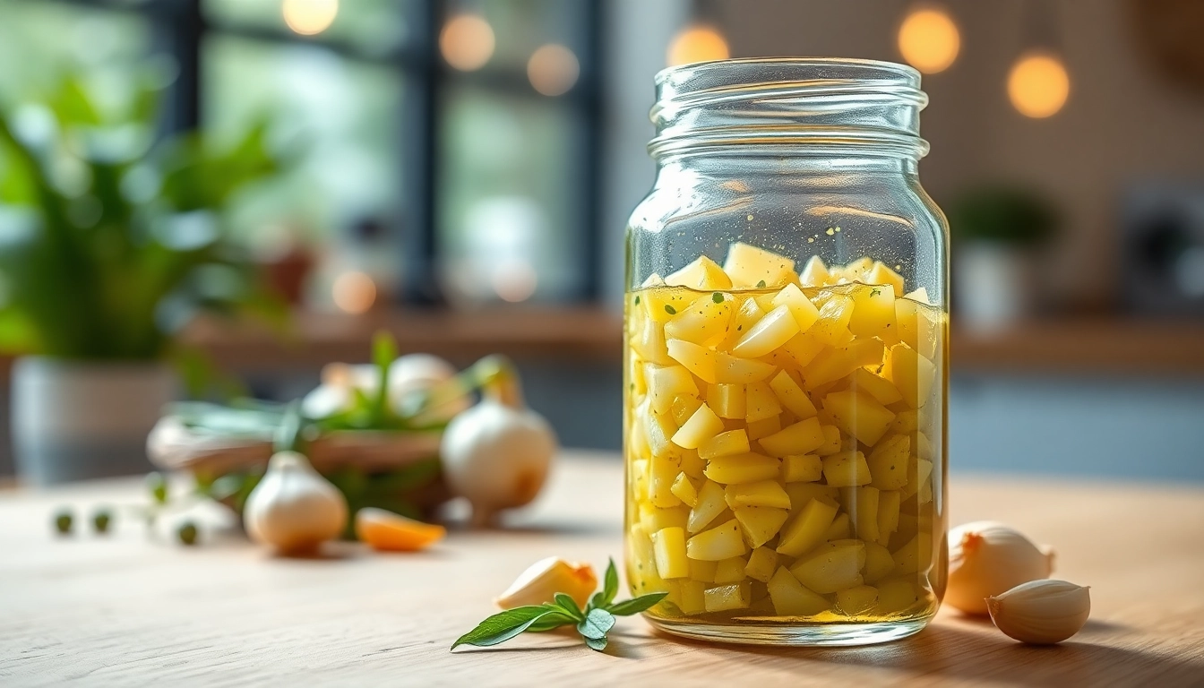 Close-up of minced garlic in oil being poured from a jar, showcasing freshness and rich texture